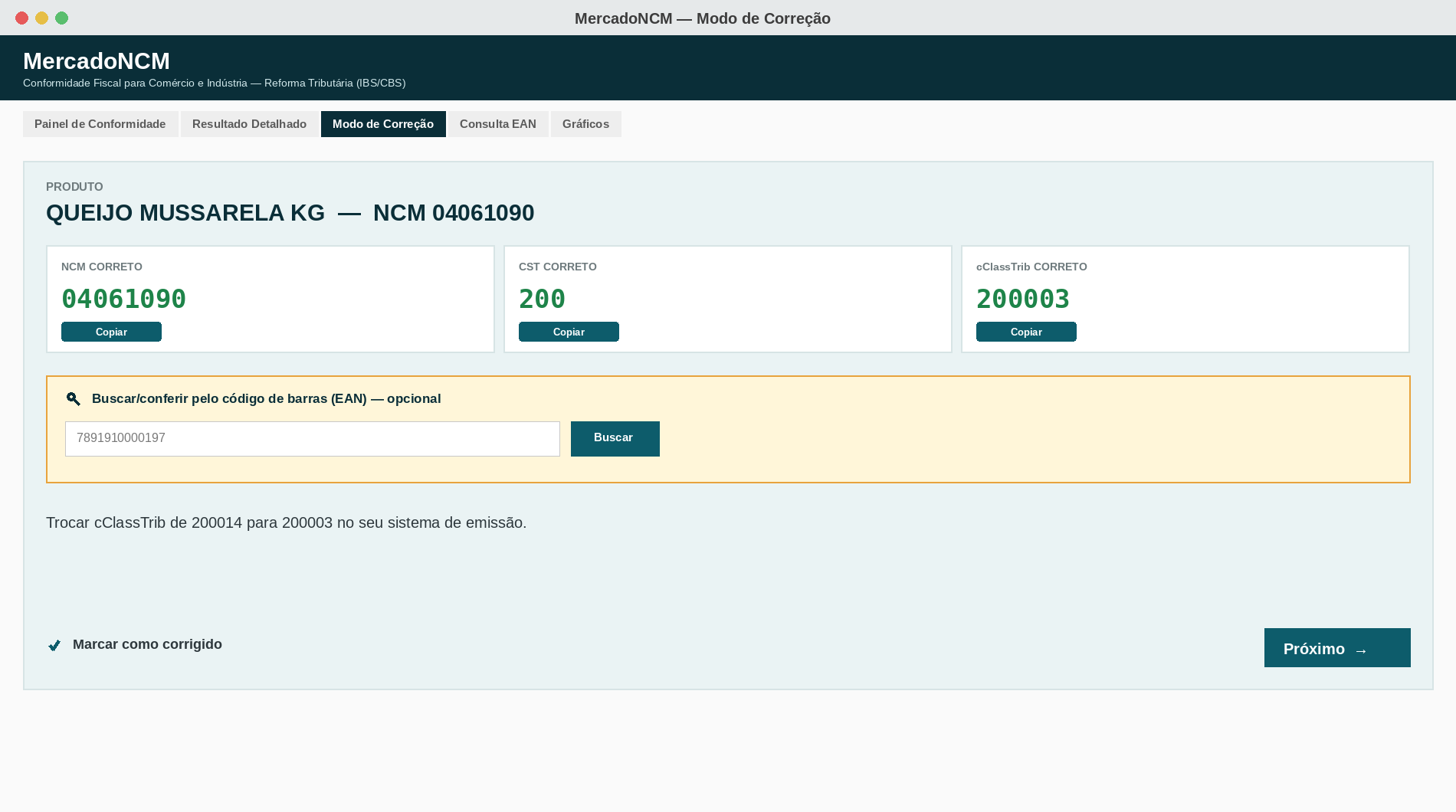 Modo de Correção do MercadoNCM mostrando código correto de NCM, CST e cClassTrib prontos para copiar